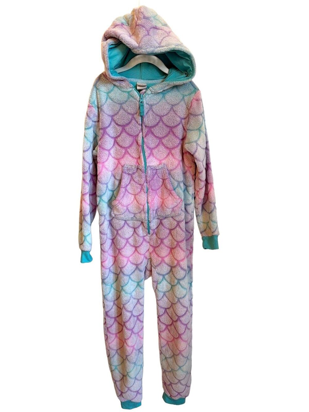 Cat & Jack Kids' Mermaid Scale Hooded Onesie Pajamas Size M (7/8) Cozy Warm